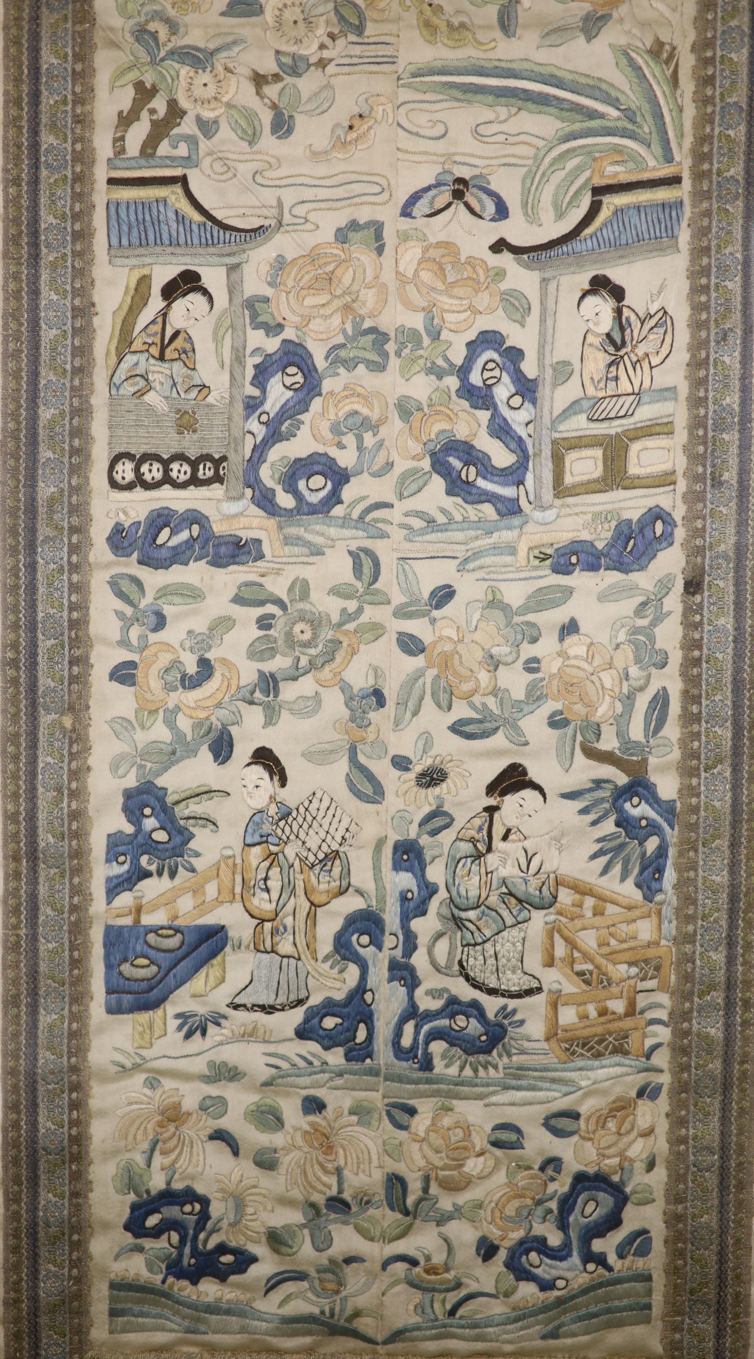 Two framed Chinese late Qing embroidered silk panels 71 x 39cm & 62 x 32cm